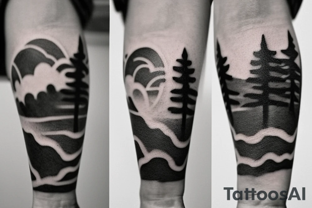 A tattoo in black and white, from wrist to elbow, consisting of 3 main ideas: bottom side a plain with a few trees, in the middle two clouds with big lightnings and top side a planet with white stars around it. It should be very realistic and detailed. tattoo idea