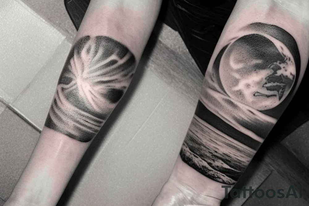 A tattoo in black and white, from wrist to elbow, consiting of 3 main ideas: bottom side something related to earth like a vulcano or a plain with a few trees, in the middle one or two clouds with big lightnings and top side consisting of a planet or something galaxy/stars related. It should be very realistic and detailed. tattoo idea