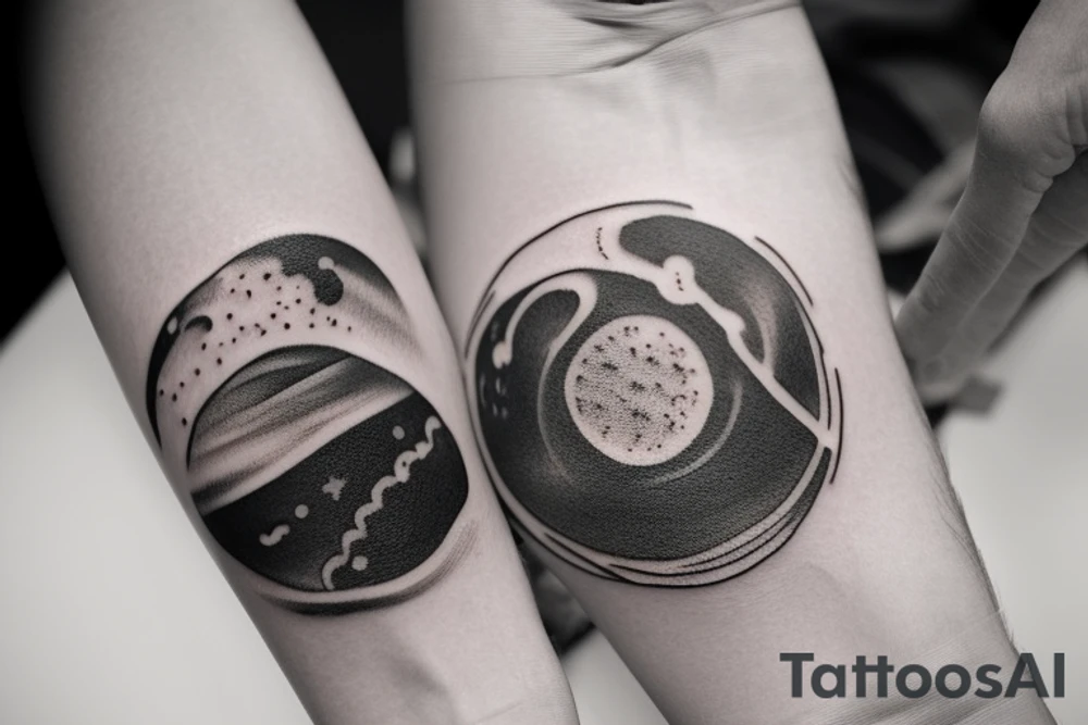 A tattoo in black and white, from wrist to elbow, consiting of 3 main ideas: bottom side something related to earth like a vulcano or a plain with a few trees, in the middle one or two clouds with big lightnings and top side consisting of a planet or something galaxy/stars related. It should be very realistic and detailed. tattoo idea