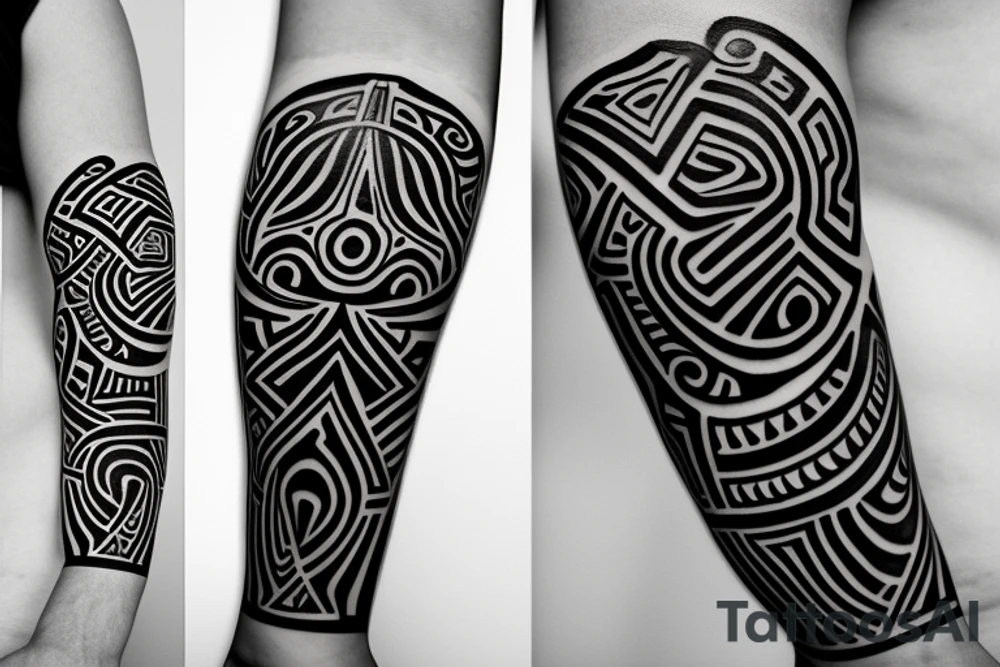 Design a monochrome abstract tribal-style arm band tattoo that is 2 inches wide and wraps around the middle of the upper arm. The design should feature a cruiser style chopper motorcycle as the centerpiece, with abstract tribal accents and the words "Be still and know that I am God" incorporated into the tribal elements. tattoo idea