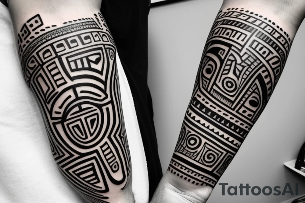Design a monochrome abstract tribal-style arm band tattoo that is 2 inches wide and wraps around the middle of the upper arm. The design should feature a cruiser style chopper motorcycle as the centerpiece, with abstract tribal accents and the words "Be still and know that I am God" incorporated into the tribal elements. tattoo idea