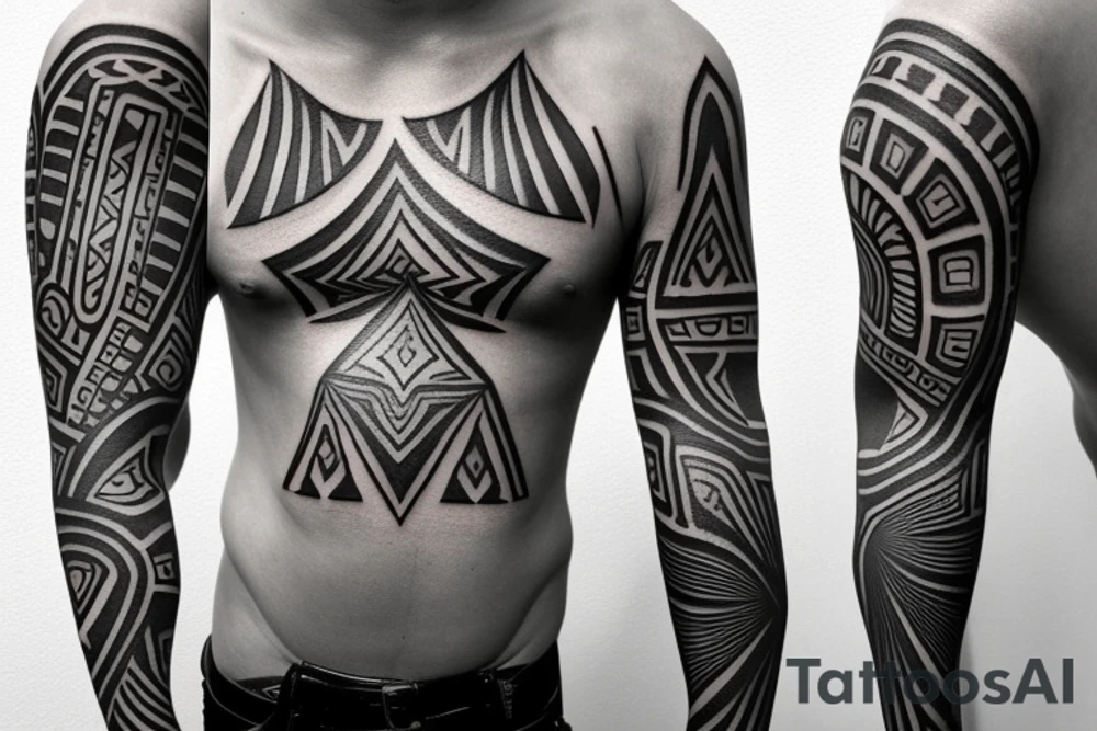 Design a monochrome abstract tribal-style arm band tattoo that is 2 inches wide and wraps around the middle of the upper arm. The design should feature a cruiser style chopper motorcycle as the centerpiece, with abstract tribal accents and the words "Be still and know that I am God" incorporated into the tribal elements. tattoo idea