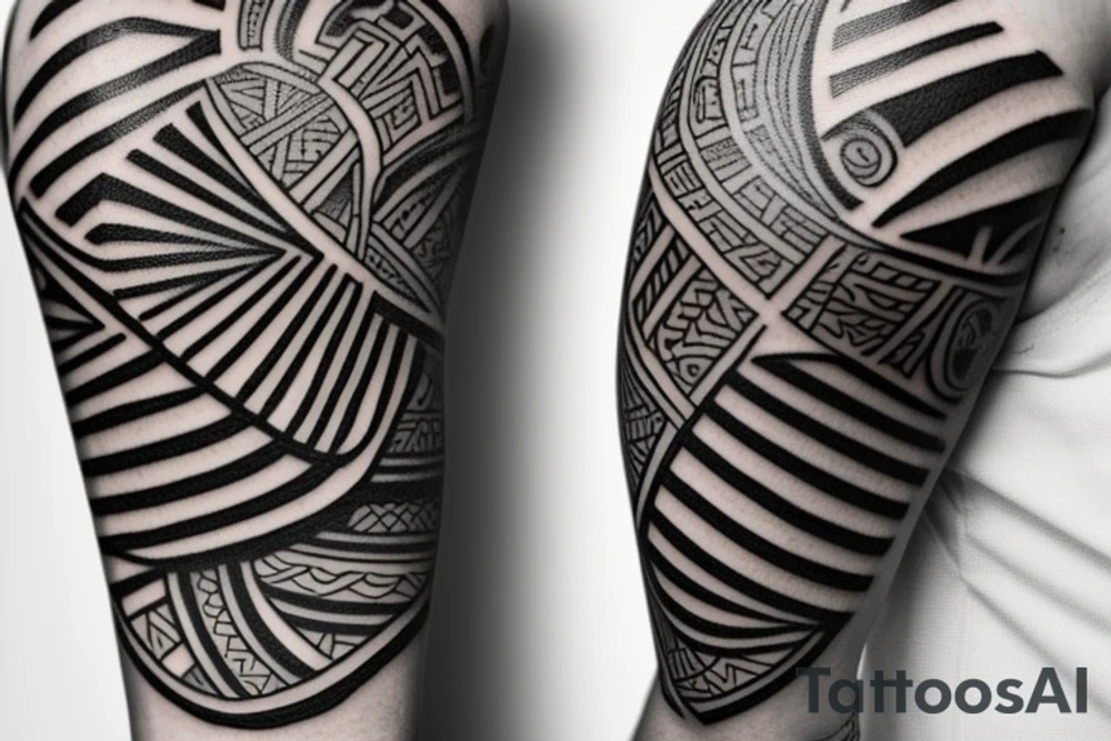 Design a monochrome abstract tribal-style arm band tattoo that is 2 inches wide and wraps around the middle of the upper arm. The design should feature a cruiser style chopper motorcycle as the centerpiece, with abstract tribal accents and the words "Be still and know that I am God" incorporated into the tribal elements. tattoo idea