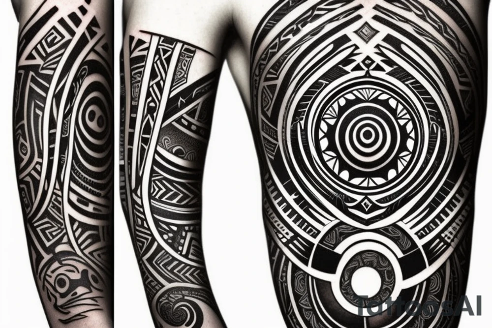Design a monochrome abstract tribal-style arm band tattoo that is 2 inches wide and wraps around the middle of the upper arm. The design should feature a cruiser style chopper motorcycle as the centerpiece, with abstract tribal accents and the words "Be still and know that I am God" incorporated into the tribal elements. tattoo idea