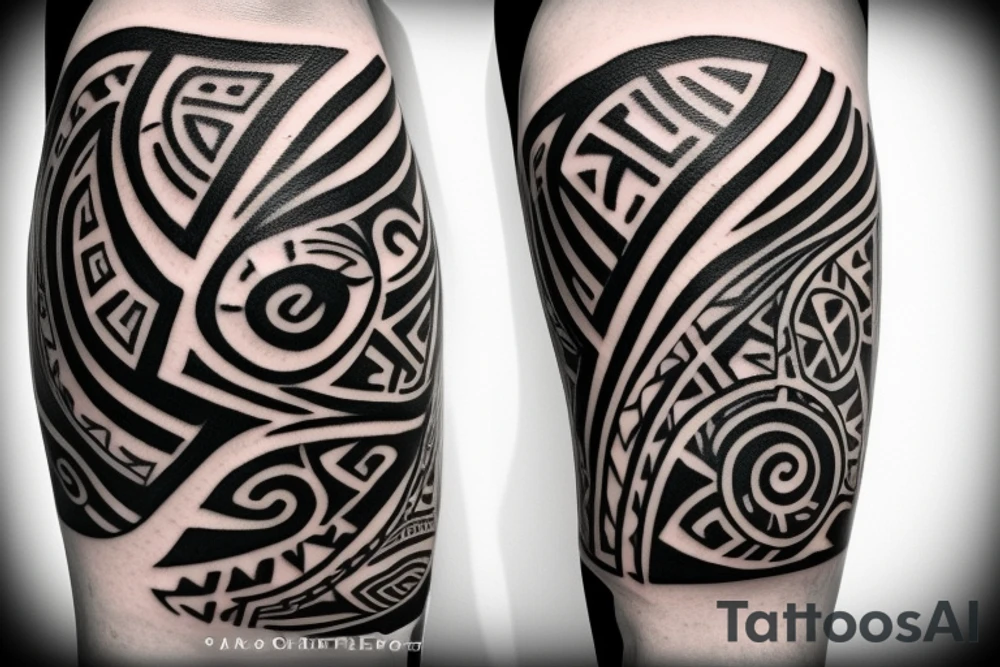 Design a monochrome abstract tribal-style arm band tattoo that is 2 inches wide and wraps around the middle of the upper arm. The design should feature a cruiser style chopper motorcycle as the centerpiece, with abstract tribal accents and the words "Be still and know that I am God" incorporated into the tribal elements. tattoo idea