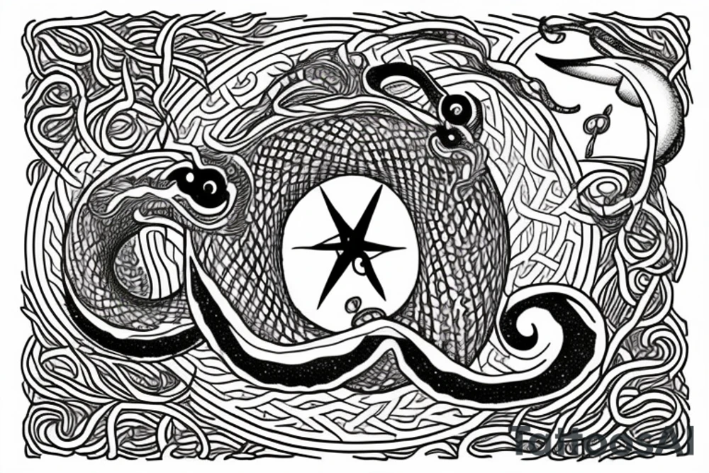 A celestial serpent coiled around the tree of life under a crescent moon tattoo idea