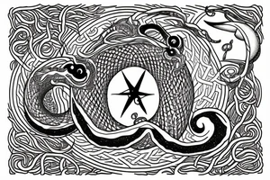 A celestial serpent coiled around the tree of life under a crescent moon tattoo idea