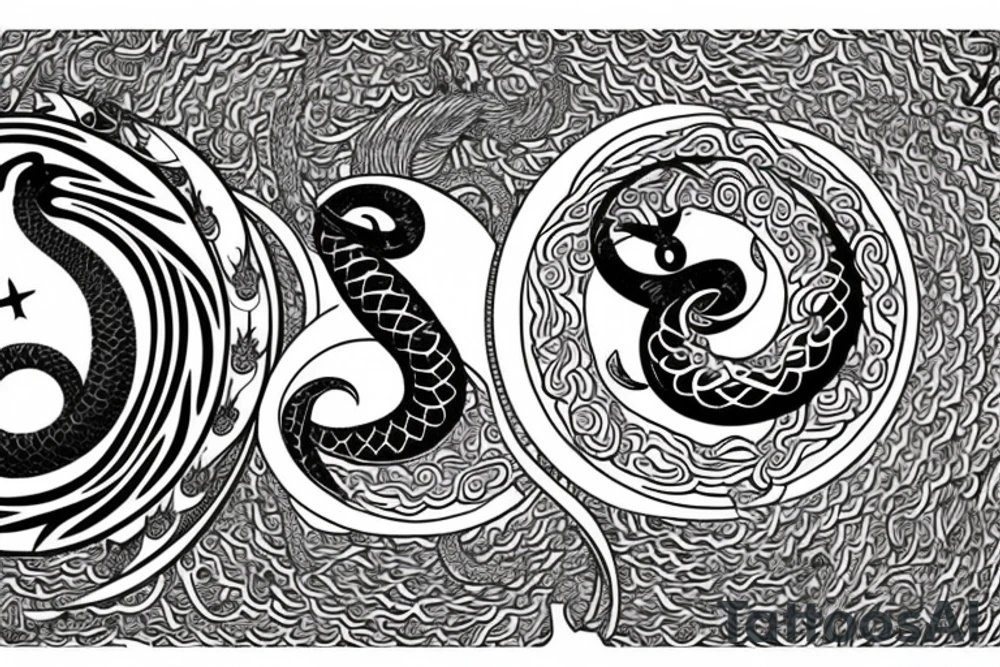 A celestial serpent coiled around the tree of life under a crescent moon tattoo idea