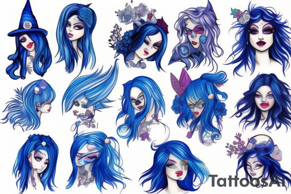 A blue haired beautiful witch tattoo idea