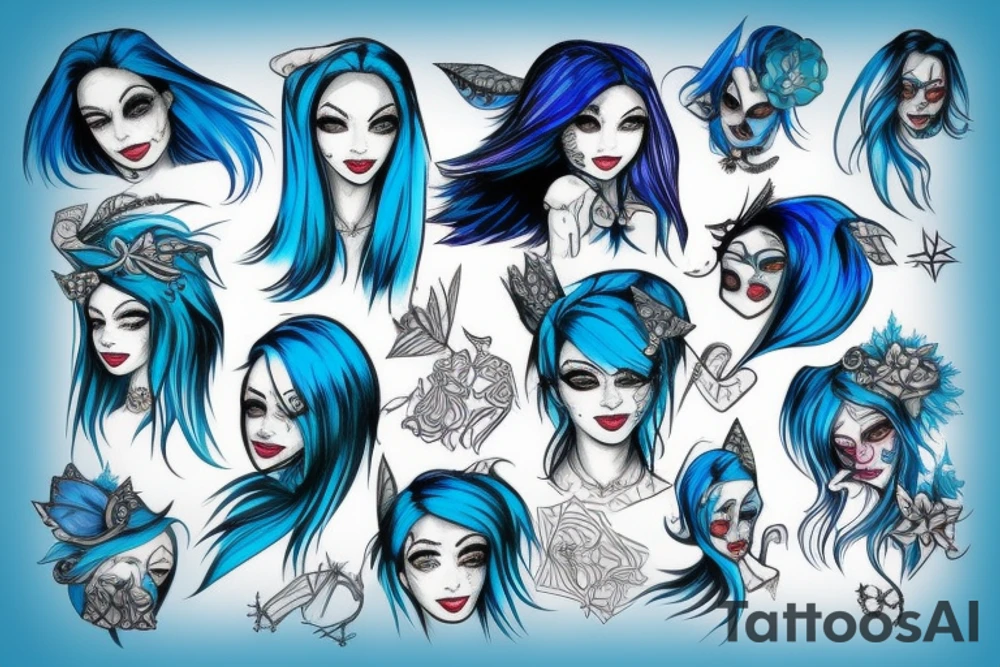 A blue haired beautiful witch tattoo idea