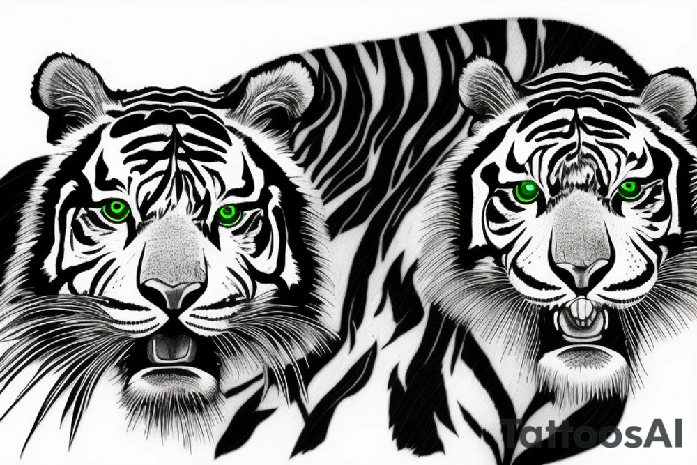 Black and white tiger with green eyes, in forest with a few green leaves tattoo idea
