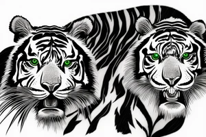 Black and white tiger with green eyes, in forest with a few green leaves tattoo idea