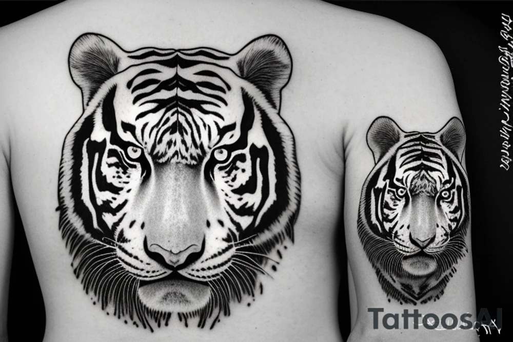 Black and white tiger with green eyes, in forest with a few green leaves tattoo idea