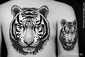 Black and white tiger with green eyes, in forest with a few green leaves tattoo idea
