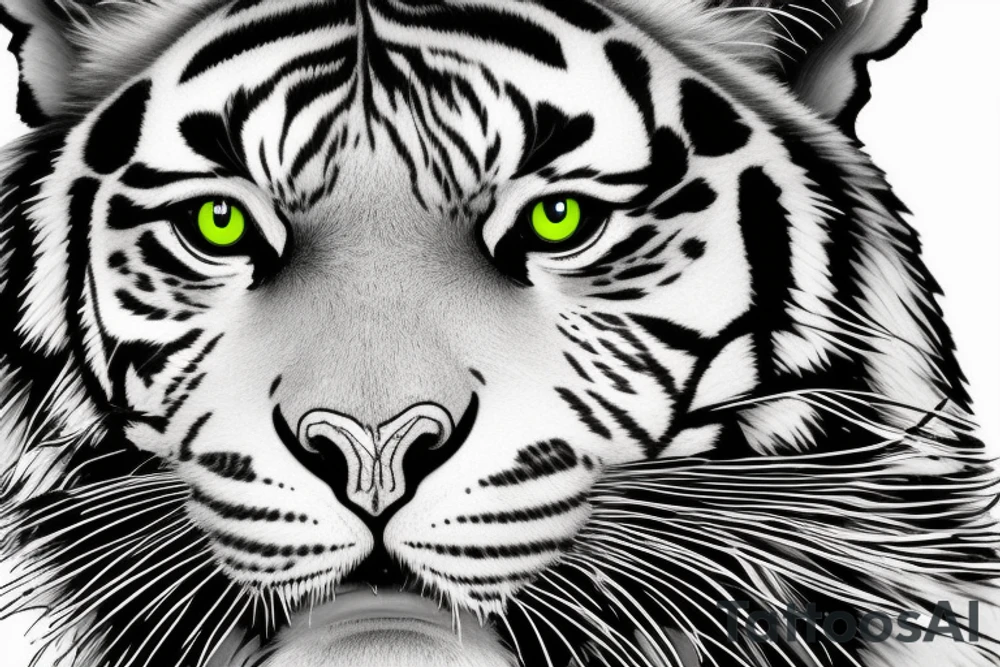 Black and white tiger with green eyes, in forest with a few green leaves tattoo idea