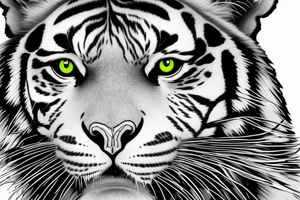 Black and white tiger with green eyes, in forest with a few green leaves tattoo idea