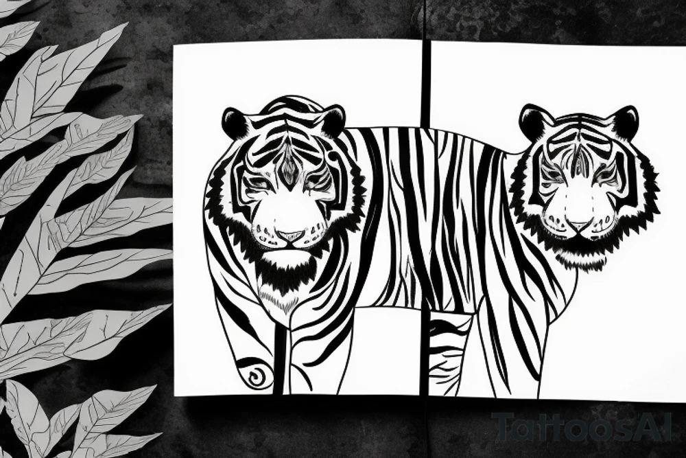 Black and white tiger with green eyes, surrounded by leaves in a forest tattoo idea