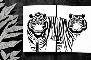 Black and white tiger with green eyes, surrounded by leaves in a forest tattoo idea