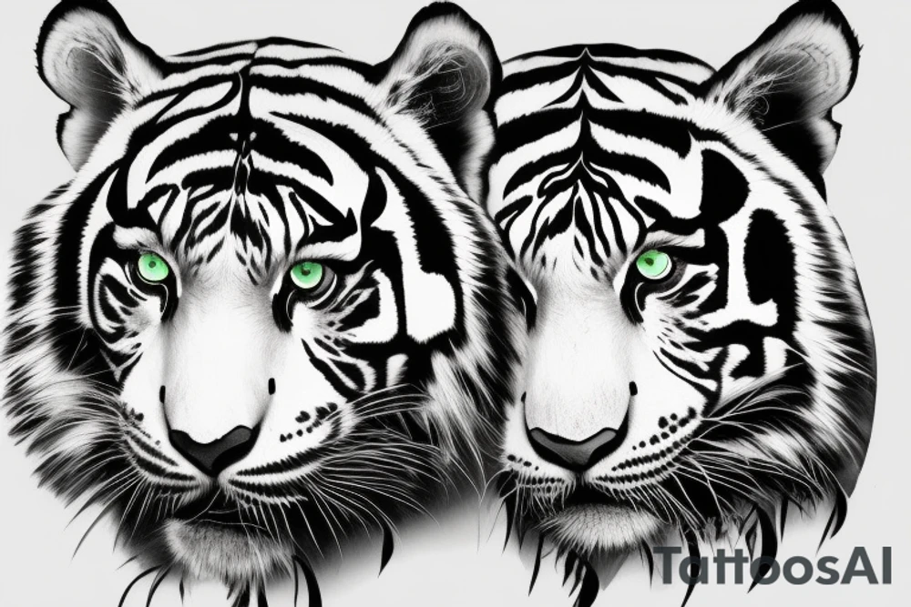 Black and white tiger with green eyes, surrounded by leaves in a forest tattoo idea