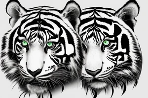 Black and white tiger with green eyes, surrounded by leaves in a forest tattoo idea