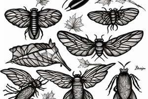 Cicada, maple seed, book tattoo idea