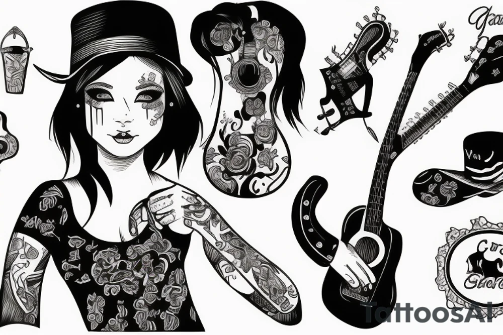 cow girl with a guitar tattoo idea