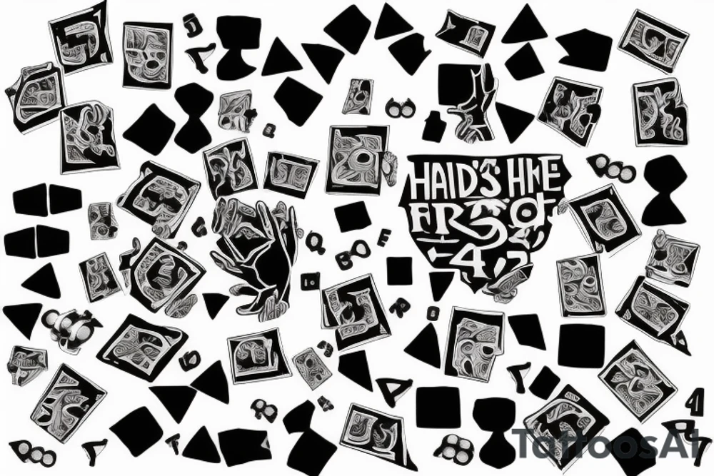 “Hands up in the fire, burn, burn, burn, burn” casino, hands raised, flame, pair of dice with double 4’s, 44 44 tattoo idea