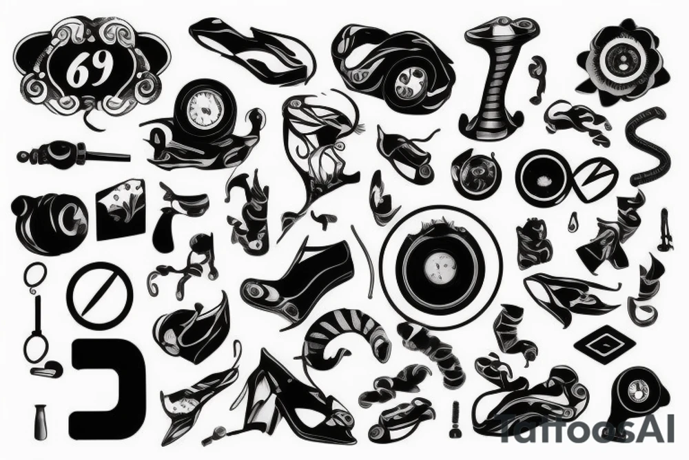 Black number 69 with engine parts tattoo idea