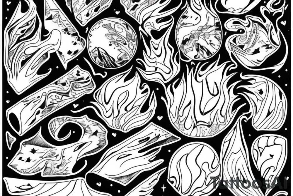 amor fati - mountains, water, great ball of fire tattoo idea