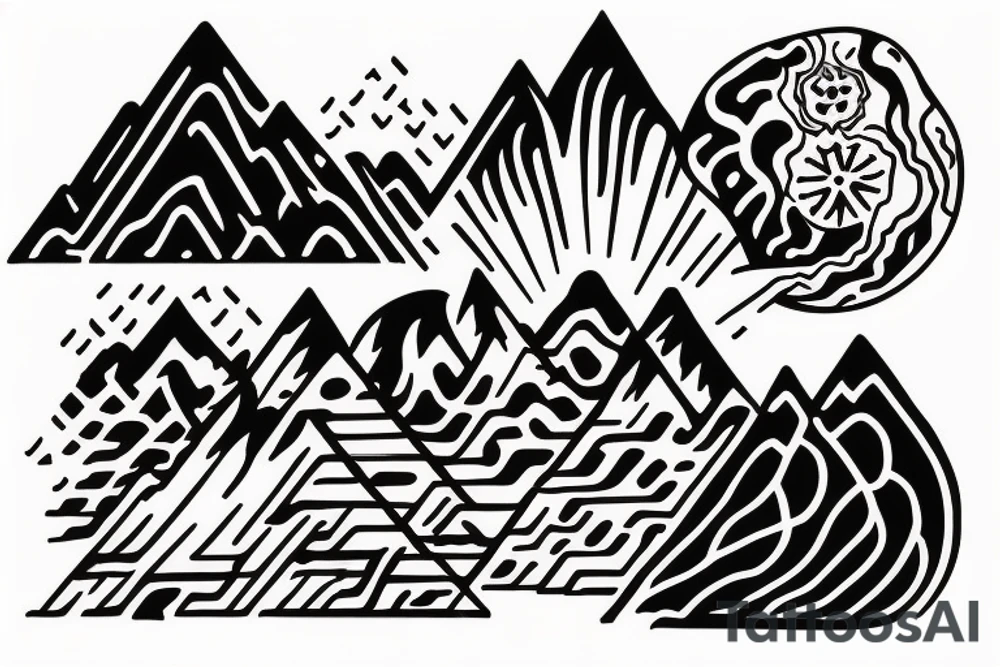 amor fati - mountains, water, great ball of fire tattoo idea