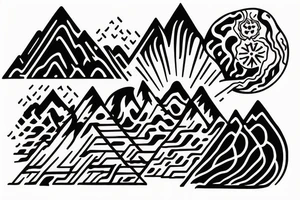 amor fati - mountains, water, great ball of fire tattoo idea