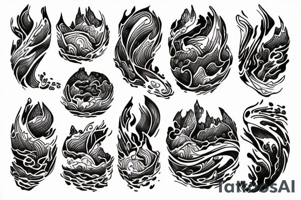 amor fati - mountains, water, great ball of fire tattoo idea