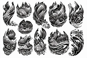 amor fati - mountains, water, great ball of fire tattoo idea