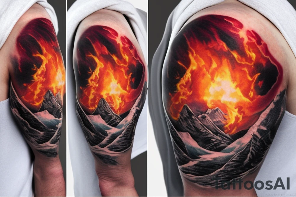 amor fati - mountains, water, great ball of fire tattoo idea