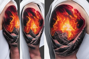 amor fati - mountains, water, great ball of fire tattoo idea