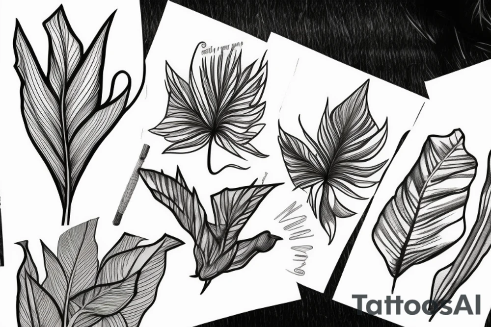 Ginco leaf, strelitzia flower, monstera leaf, sketch style tattoo tattoo idea