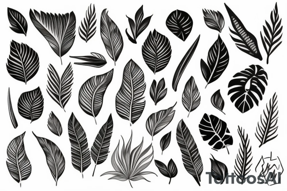 Ginco leaf, strelitzia flower, monstera leaf, sketch style tattoo tattoo idea