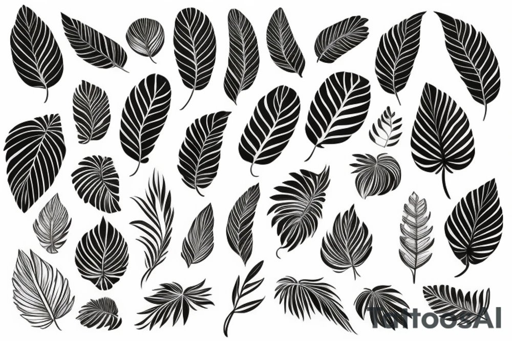 Ginco leaf, strelitzia flower, monstera leaf, inside each other tattoo idea