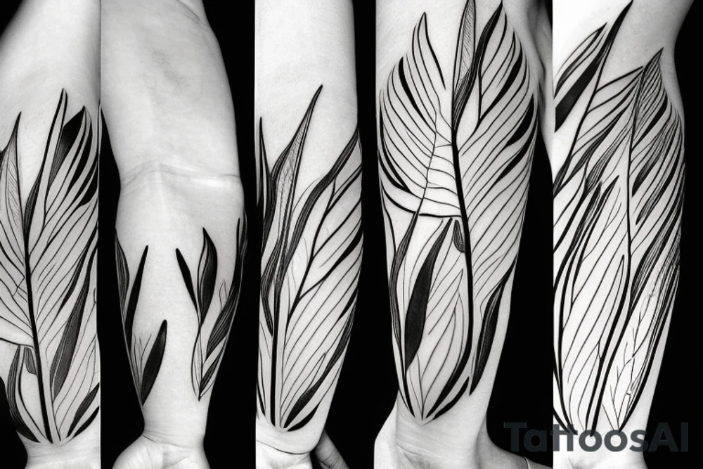 Ginco leaf, strelitzia flower, monstera leaf, inside each other tattoo idea