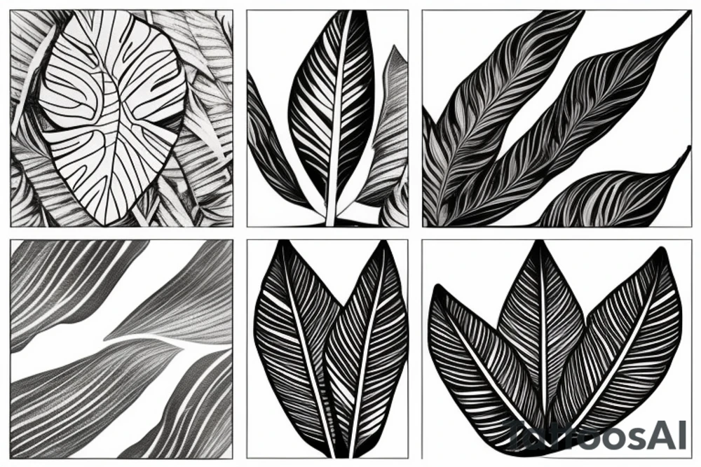 Ginco leaf, strelitzia flower, monstera leaf, inside each other tattoo idea