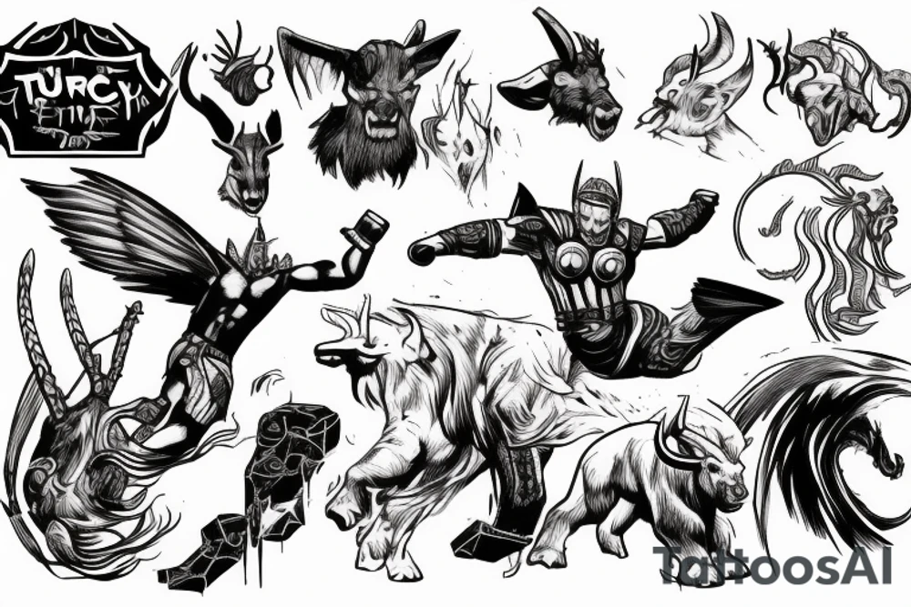 Thor in fury fighting with taurus tattoo idea