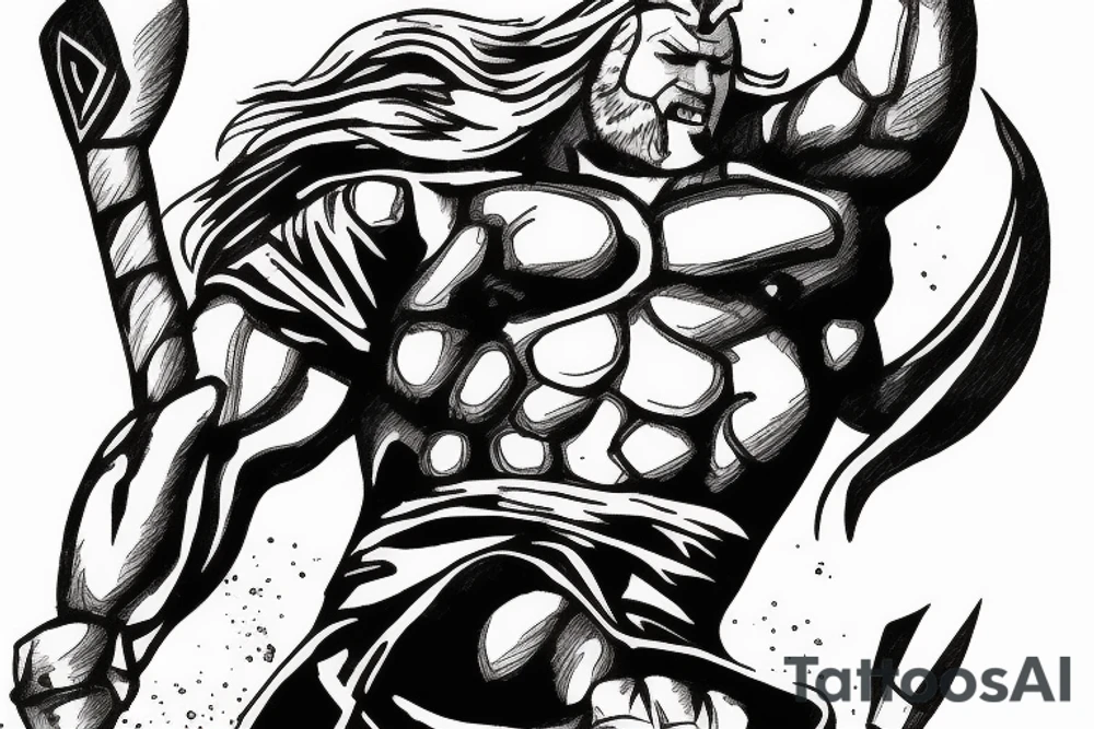 Thor in fury fighting with taurus tattoo idea