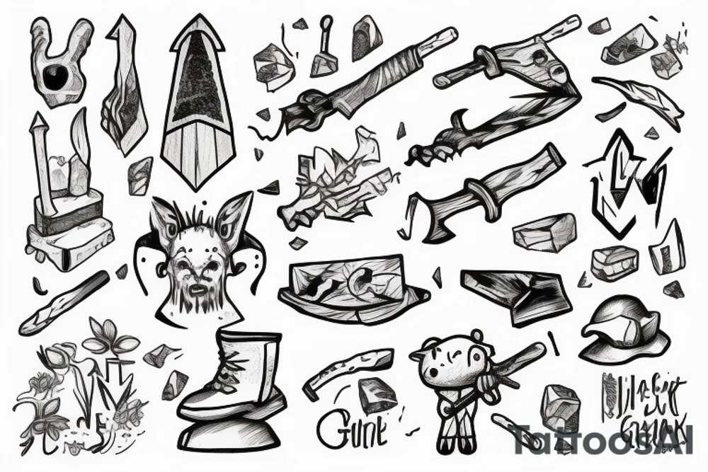calf in the light of a green stone with an ax in his hand tattoo idea