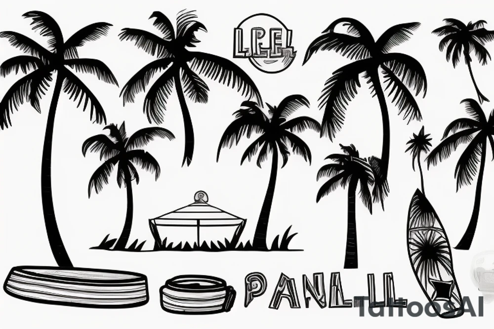 A lineal beach bar on a sunny beach and a palm tree tattoo idea
