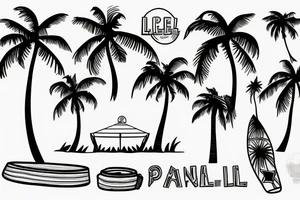 A lineal beach bar on a sunny beach and a palm tree tattoo idea