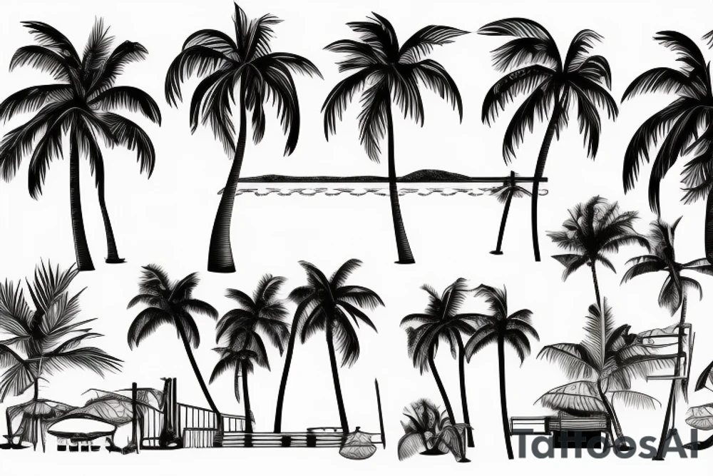 A lineal beach bar on a sunny beach and a palm tree tattoo idea