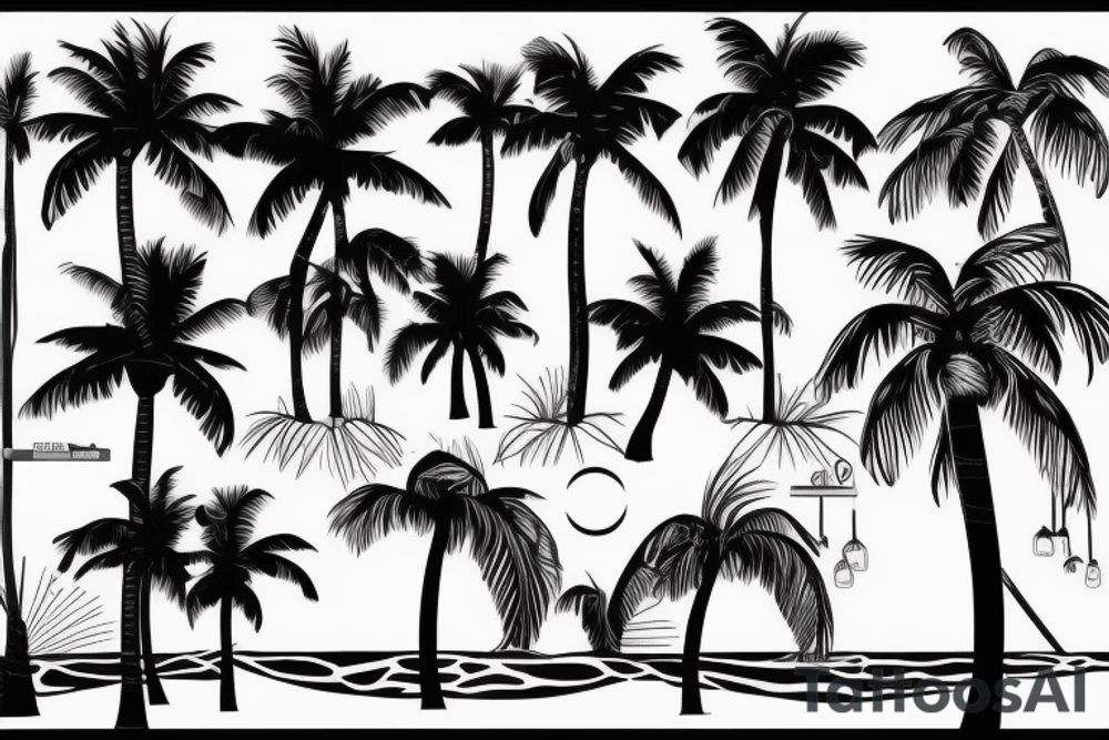 A linear beach bar on a sunny beach and a palm tree tattoo idea