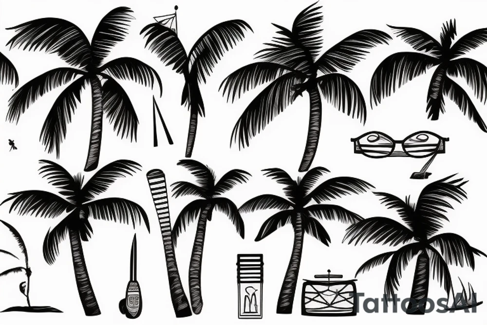 A linear beach bar on a sunny beach and a palm tree tattoo idea