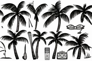 A linear beach bar on a sunny beach and a palm tree tattoo idea