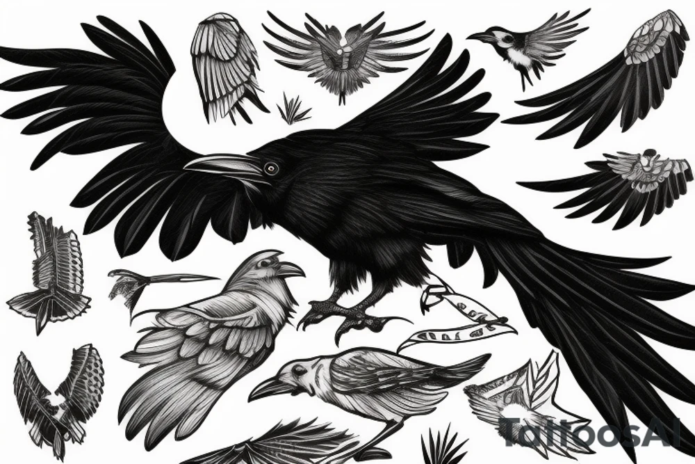 a raven covering a small bird with its wing tattoo tattoo idea